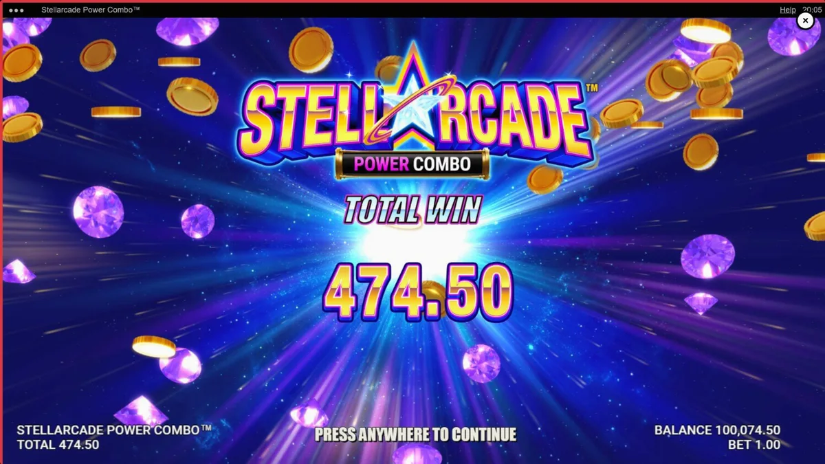 Interface do jogo Stellarcade Power Combo com elementos neon e espaciais